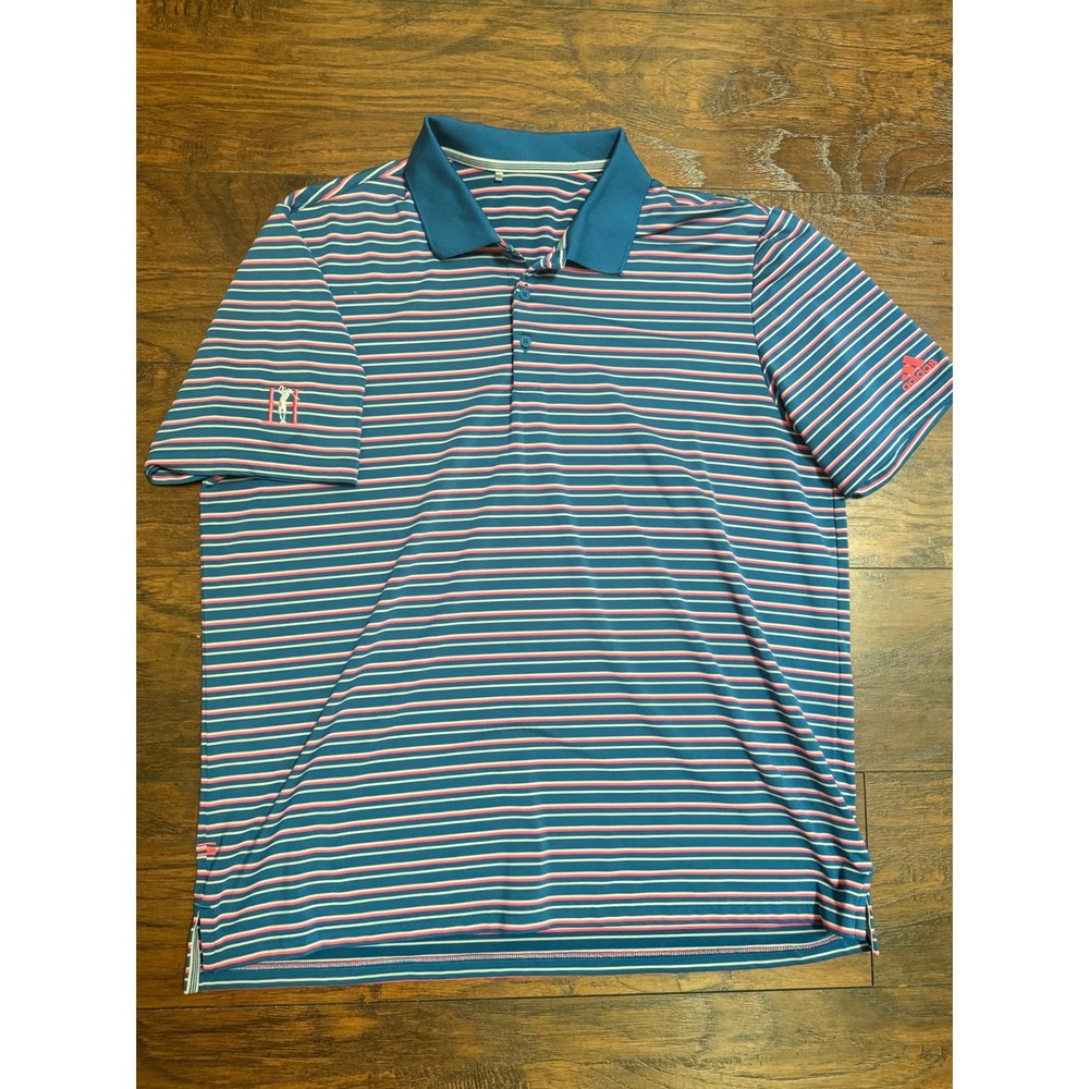 Adidas Golf Mens Teal Blue Pink Striped Short Sleeve Polo Shirt Golfer Logo XL